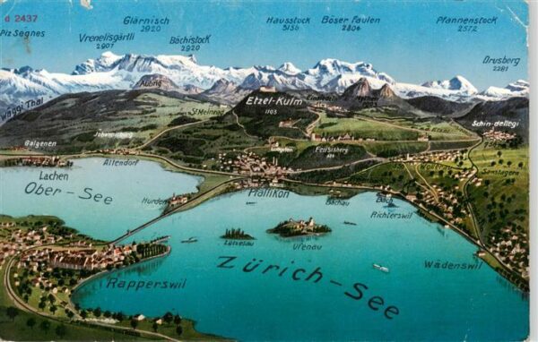 Zuerichsee ZH Panoramakarte mit Ober See und Rappersw