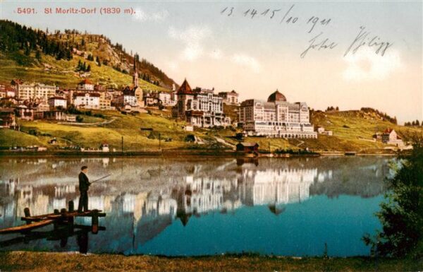 St Moritz Dorf GR Panorama mit Bergsee