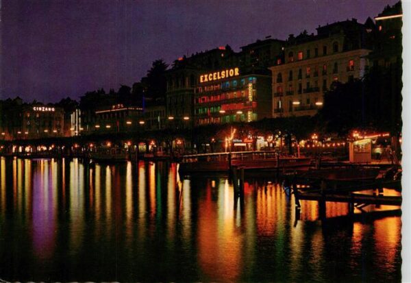 Lugano Lago di Lugano TI Hafenpromenade Nachtaufnahme