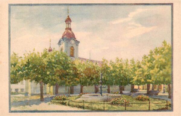 Rumburg Rumburk CZ Dekanalkirche mit Kirchplatz Kuenstlerkarte