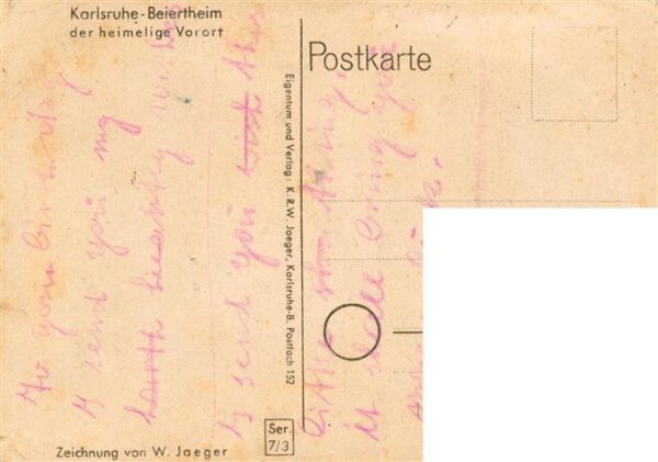 Beiertheim Karlsruhe Der heimilige Vorort Zeichnung von W. Jaeger Kuenstlerkarte – Bild 2