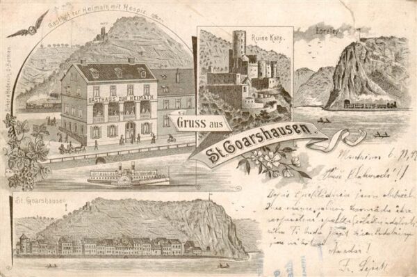 St Goarshausen Rhein Gasthof zur Heimath mit Hospiz Ruine Katz Loreley St Goarsh