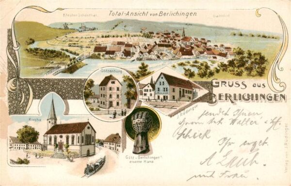 Berlichingen Schoental BW Panorama Goetzenburg Kirche Eiserne Hand des Goetz von