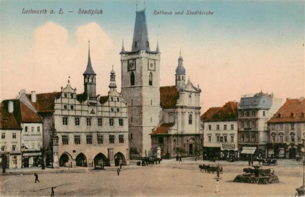 Leitmeritz Litomerice CZ Stadtplatz Rathaus und Stadtkirche