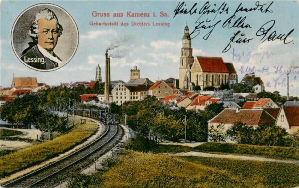Kamenz Sachsen Ansicht mit Kirche Eisenbahn Dampflokomotive Geburtsstadt des Dic