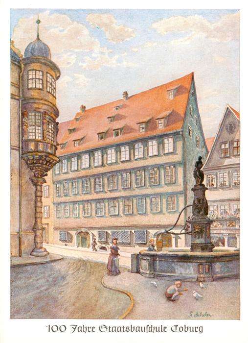 Coburg Bayern Staatsbauschule mit Schlosserker und Stadtbrunnen Gemaelde