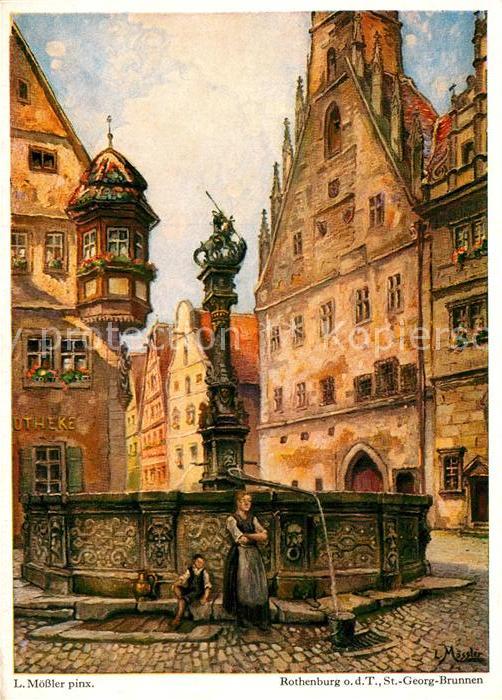 Rothenburg Tauber St Georg Brunnen mit Rathaus