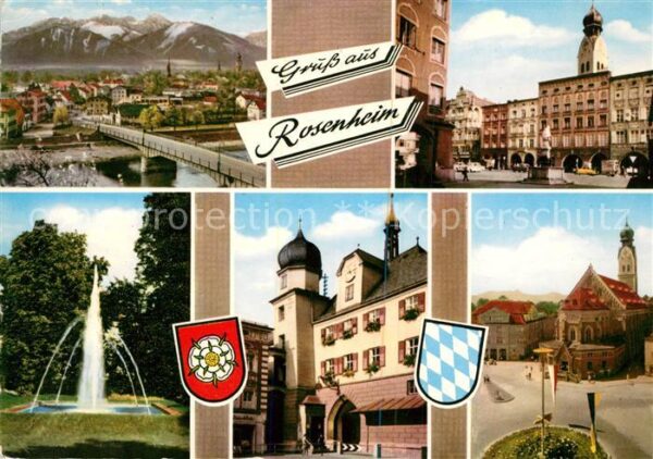 Rosenheim Bayern Panorama Rathaus Park Fontäne Kirche