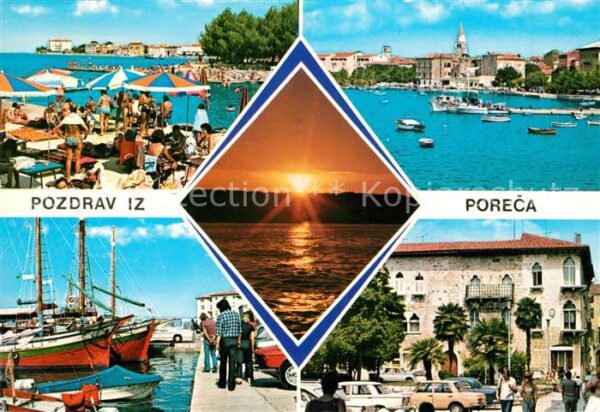 Porec Badestrand Hafen Fischkutter Sonnenunte
