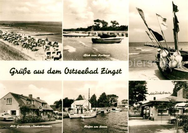 Zingst Ostseebad Strand Blick zum Kurhaus Fischerboot HO