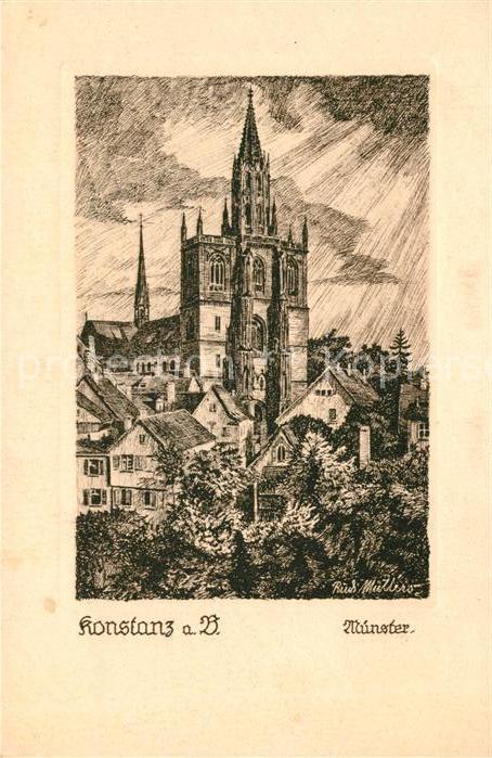 Konstanz Bodensee Münster Original-Federzeichnung v. Rudi