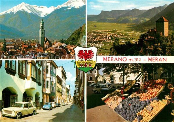 Meran Merano Stadtpanorama Burg Alpen Strassenpartie