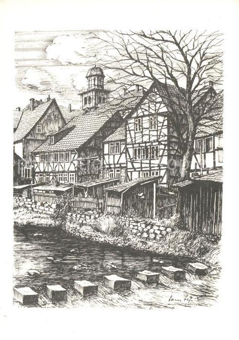 Lauterbach Hessen Künstlerzeichnung Hans Heß Bachlauf mit