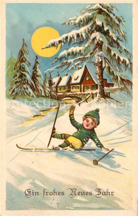 Skifahren Kind Neujahr Litho