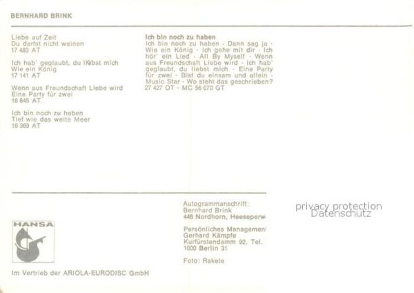 Saenger Band Bernhard Brink Autogramm – Bild 2