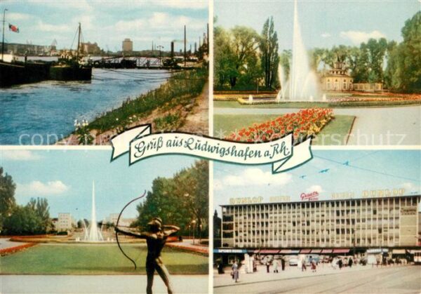 Ludwigshafen Rhein Frachter Rheinpartie Park Fontäne Bogen