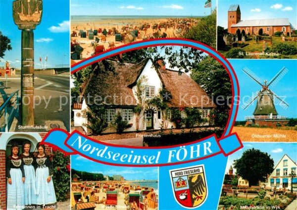Insel Foehr Sturmflutsäule Friesinnen in Tracht Str