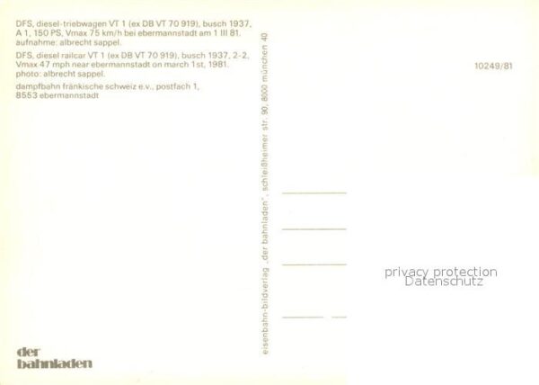 Eisenbahn DFS Diesel-Triebwagen VT 1 Ebermannstad – Bild 2