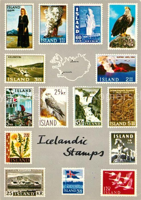 Briefmarken auf Postkarte Icelandic Stamps Island