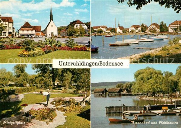 Unteruhldingen Ortsmotiv mit Kirche Hafen Minigolfplat