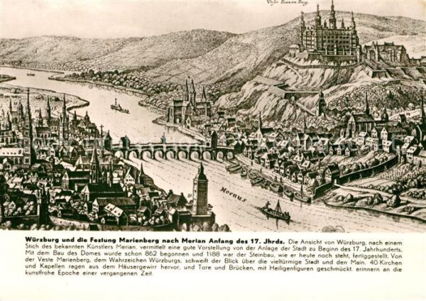 Wuerzburg mit Festung Marienberg nach Merian 17te