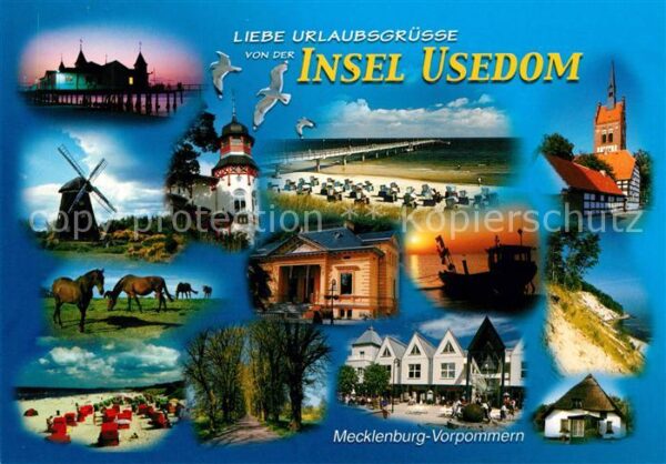 Usedom Kirche Strandkörbe Windrad Seebrücke