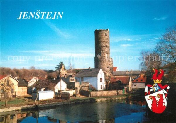 Jenstejn Ansicht mit Bergfried Turm Wappen