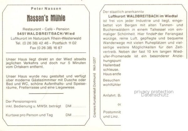 Waldbreitbach Wied Restaurant Pension Nassen's Mühle Luftk – Bild 2