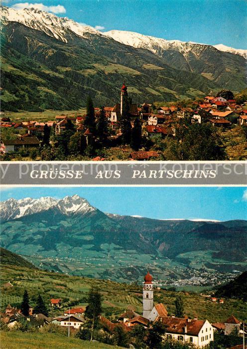 Partschins Parcines Ortsansicht mit Kirche gegen Hochwald M