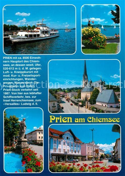 Prien Chiemsee Fahrgastschiff Kirche Teich Statue Stad