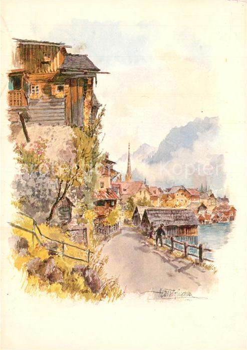 Hallstatt Austria Künstlerkarte gegen den Sartstein