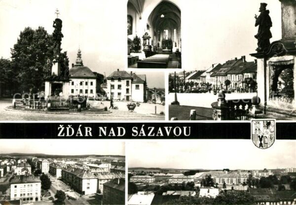 Zdar nad Sazavou Saar Säule Rathaus Kirche Platz Statue Stadt