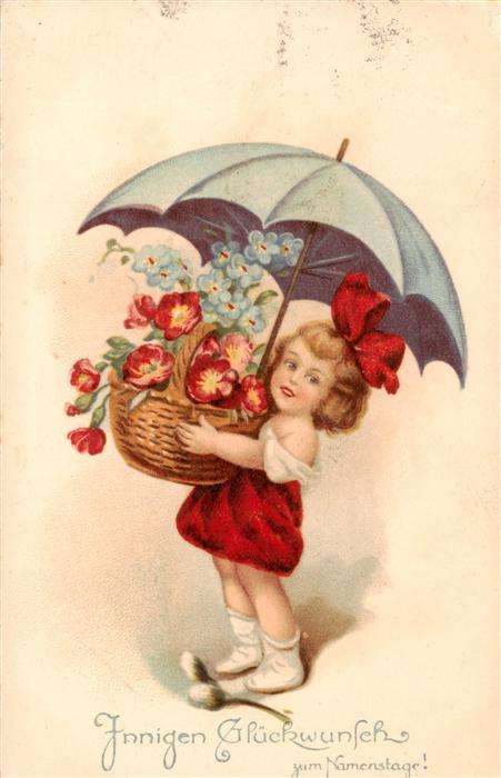 Namenstag Namenskarte Jnnigen L&B Nr. 16815 Kind Blumenkorb Regenschirm Litho