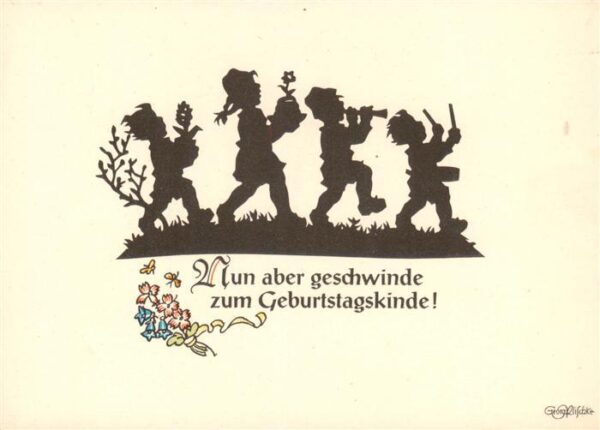 Scherenschnitt Schattenbildkarte Nun ab zum Geburtstagkind
