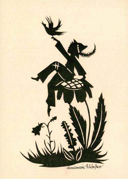 Scherenschnitt Schattenbildkarte Teco Nt.60 Kind Vogel Blume