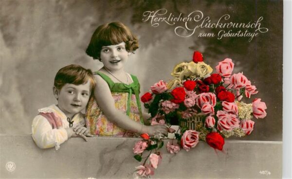 Foto NPG Nr. Nr. 487/4 Glueckwunsch zum Geburtstag Kinder Blumen