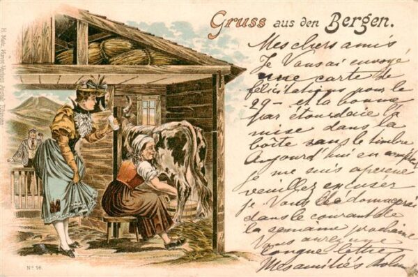 Gruss aus den Bergen Litho H.Metz Nr. 16 Kuhstahl Melken Frau