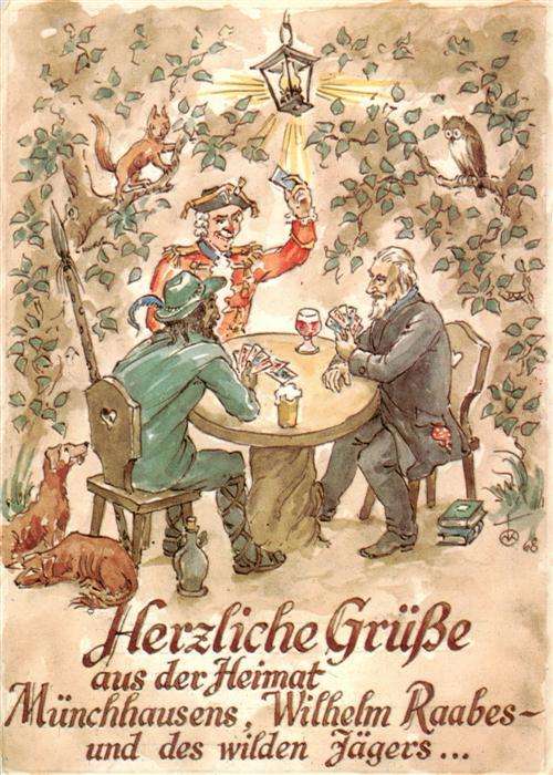 Kartenspiel-Postkarte Muenchhausen Wilhelm Raabes Jaegers Gruesse Eule Hund
