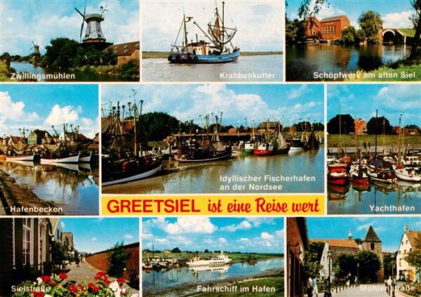 Greetsiel Zwillingsmuehlen Krabbenkutter Schoepfwerk Hafenbecken Fischerhafen Ya