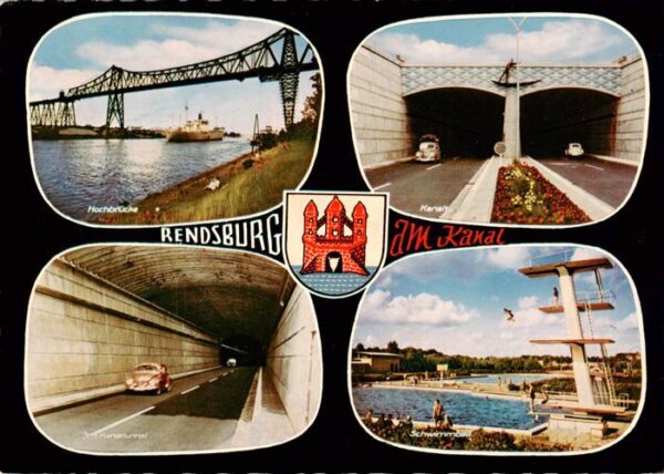 Rendsburg Hochbruecke ueber dem Nord-Ostsee-Kanal Strassentunnel Freibad Sprungt