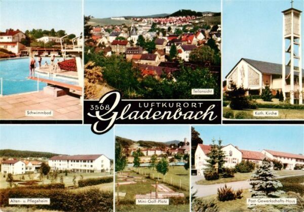 Gladenbach Schwimmbad Panorama Kath Kirche Alten und Pflegeheim Minigolfplatz Po