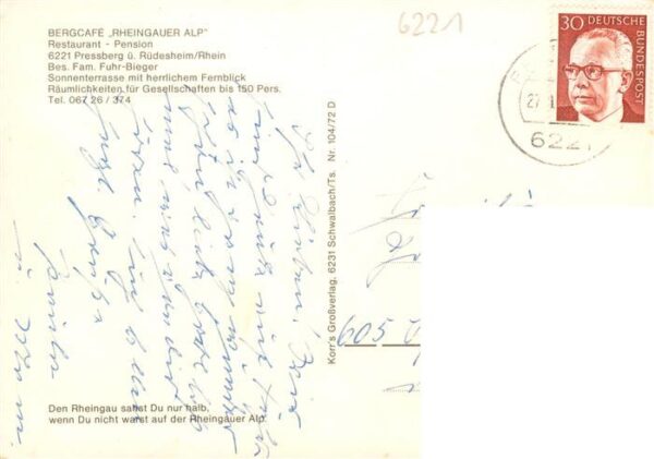 Presberg Rheingau Ruedesheim Bergcafe Rheingauer Alp Kuenstlerkarte – Bild 2