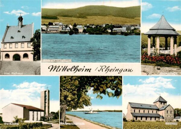Mittelheim Rheingau Rathaus Blick auf Mittelheim Rheinanlage Ev Kirche Rheinufer
