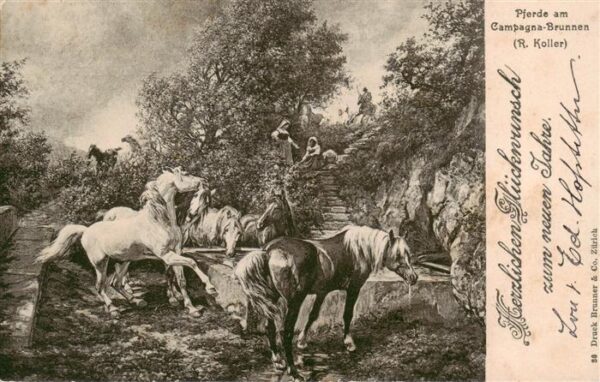 Koller Rudolf Kuenstlerkarte Pferde am Campagna-Brunnen
