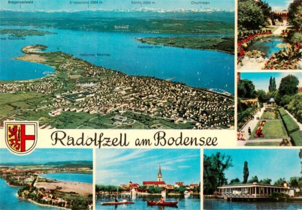 Radolfzell Bodensee Fliegeraufnahme mit Halbinsel Mettnau Kirche Park Teich Stra