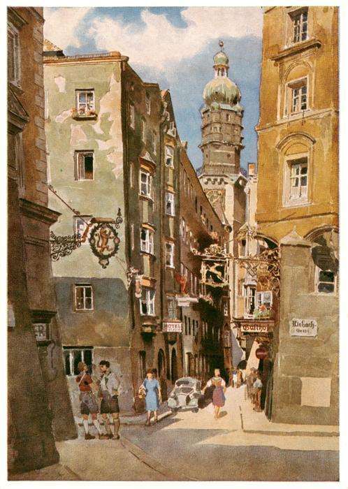 Innsbruck Tirol AT Sailergasse mit Stadtturm Kuenstlerkarte