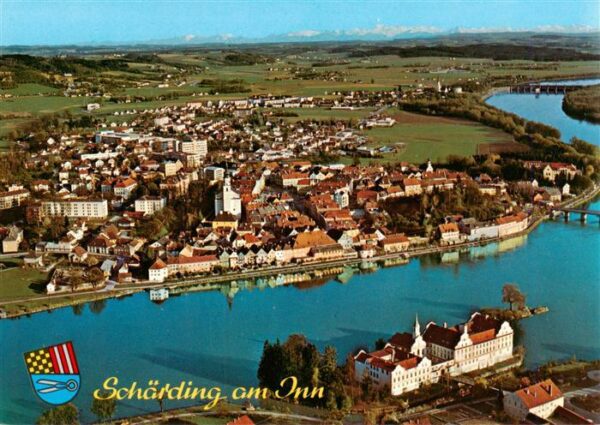 Schaerding Inn AT Fliegeraufnahme mit Hoellengebirge und Kloster Neuhaus