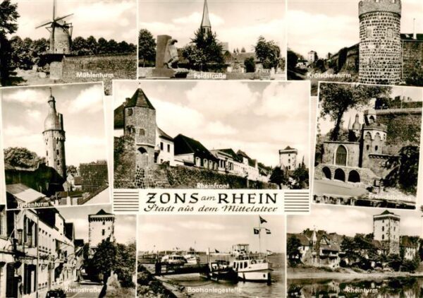 Zons Rhein Muehlenturm Feldstrasse Kroetschenturm Judenturm Rheinfront Freilicht