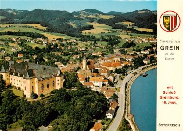 Grein Donau Oberoesterreich AT Panorama mit Schloss 15. Jhdt.