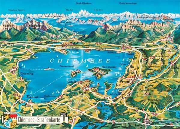 Chiemsee Strassenkarte mit Bayerischen Alpen